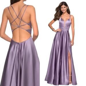 LA FEMME Plunge Neck Thigh High Slit Strappy Back Satin Ball Gown